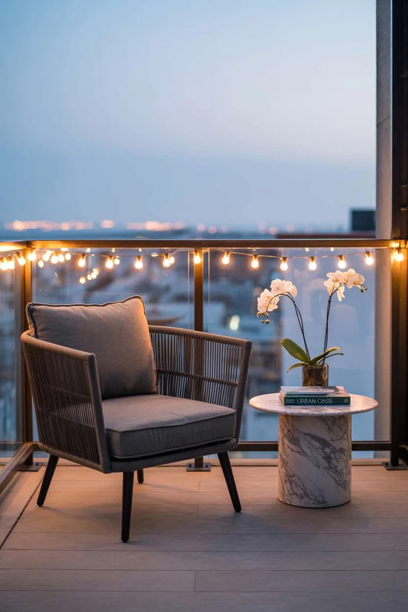 Modern balcony with oversized woven armchair and marble-top table at twilight