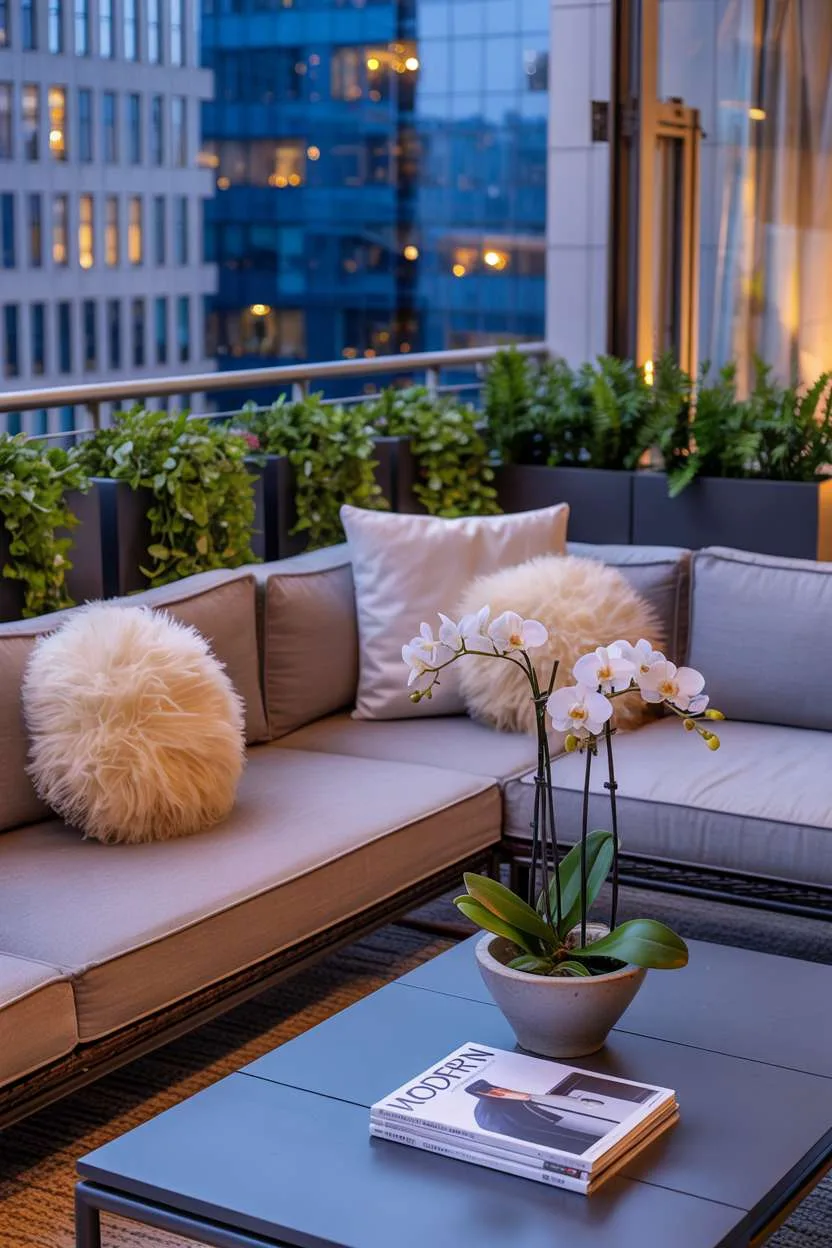 Modern balcony with grey sectional overlooking illuminated cityscape at dusk