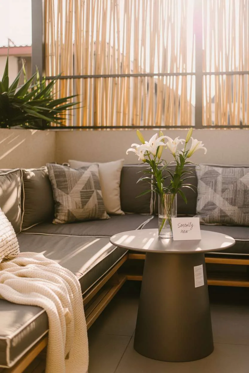 Modern balcony with deep grey sectional sofa, patterned pillows, and cream blanket
