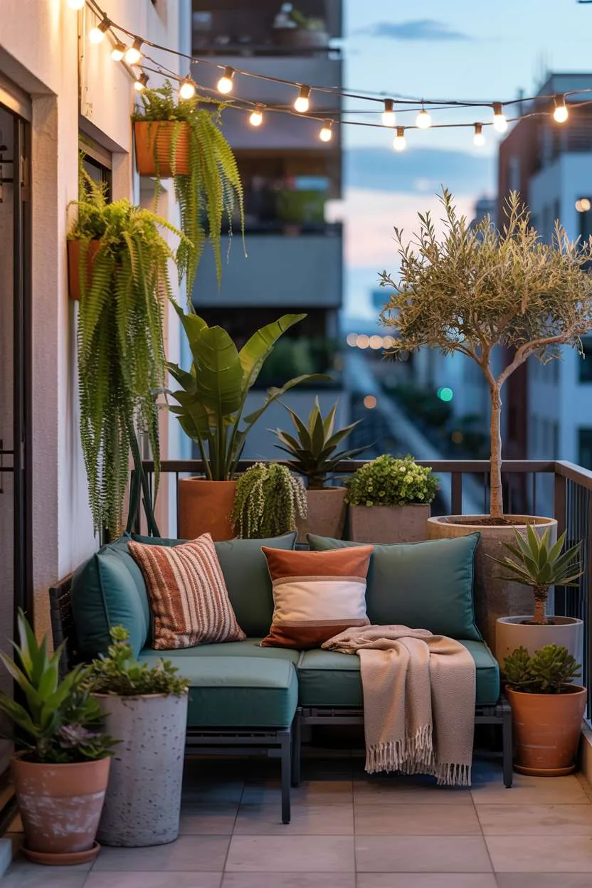 Modern balcony overflowing with plants, featuring grey sectional and string lights