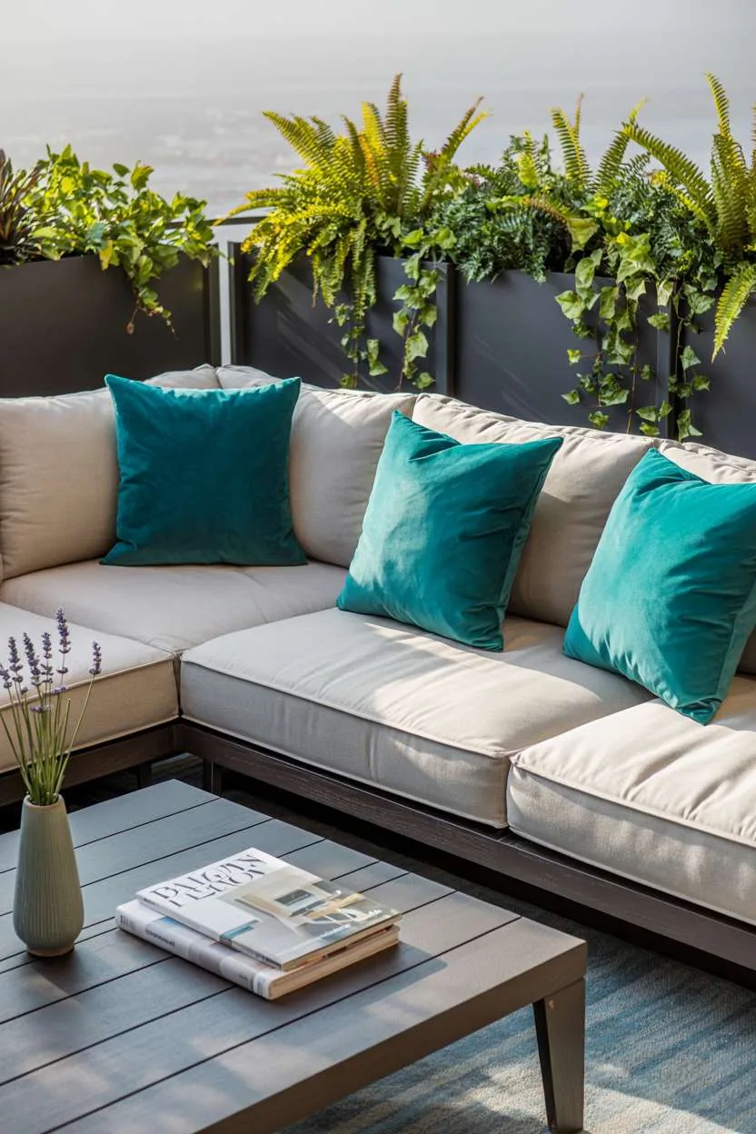 Modern balcony with cream sectional sofa and turquoise throw pillows