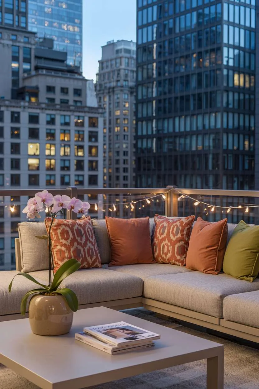 Modern balcony with light grey sectional and terracotta and olive cushions