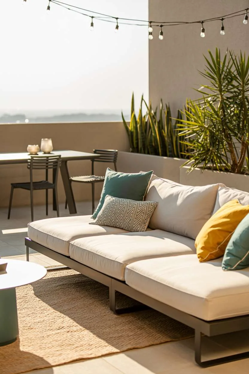 Modern balcony with cream sectional, outdoor dining table, and string lights