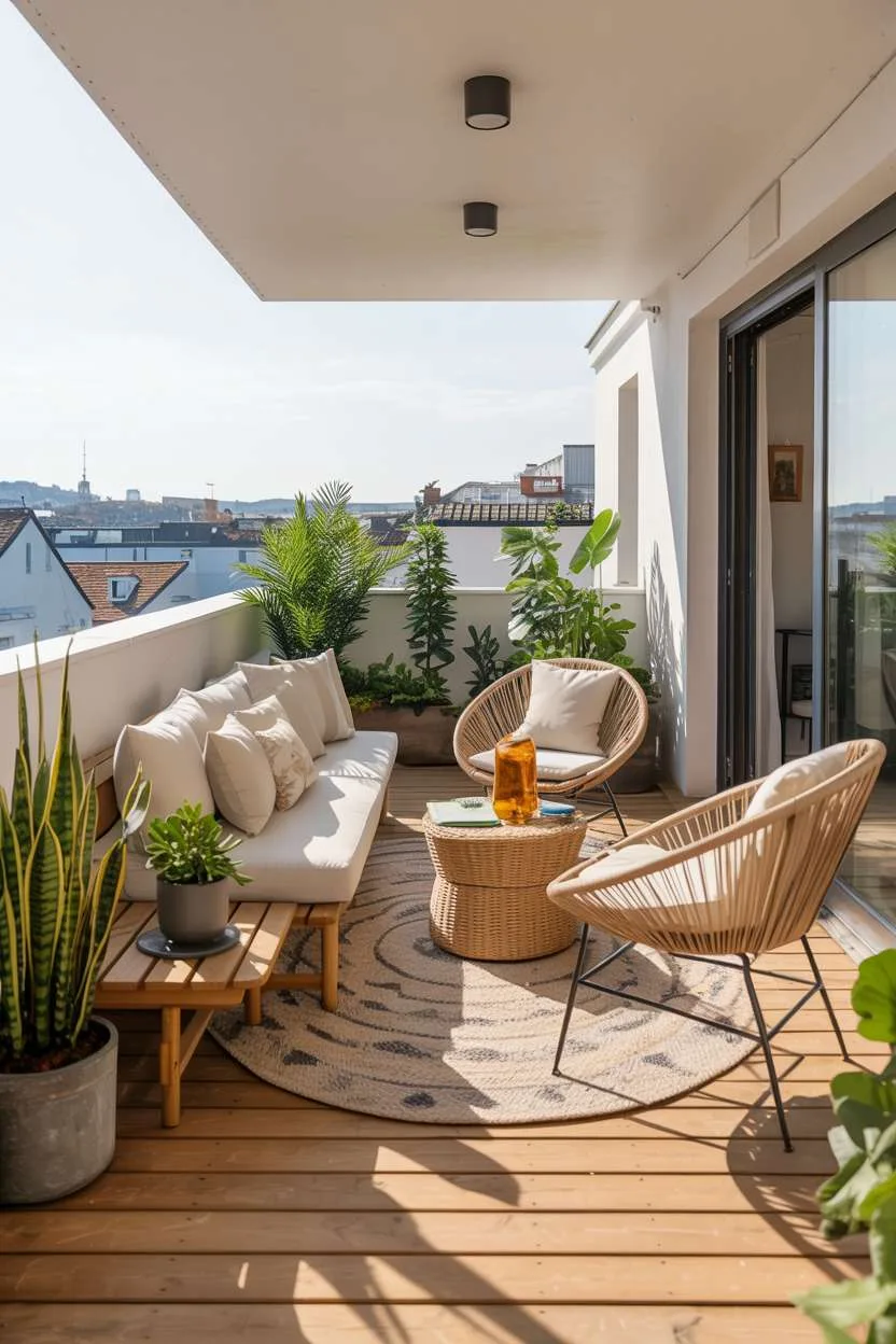 Modern rooftop terrace with white sofa, rattan chairs, and wooden decking