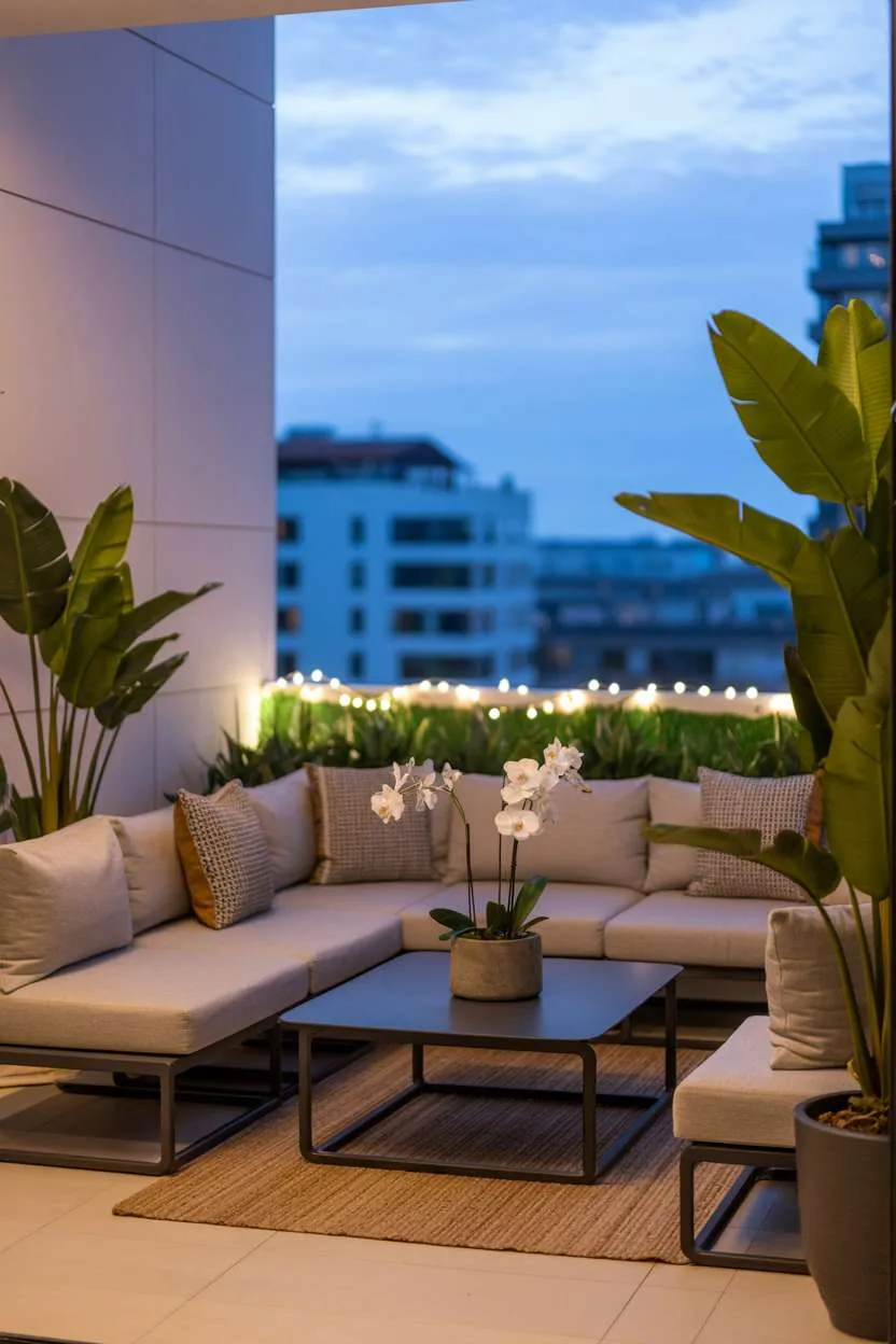 Modern balcony with grey sectional, black coffee table, and abundant greenery
