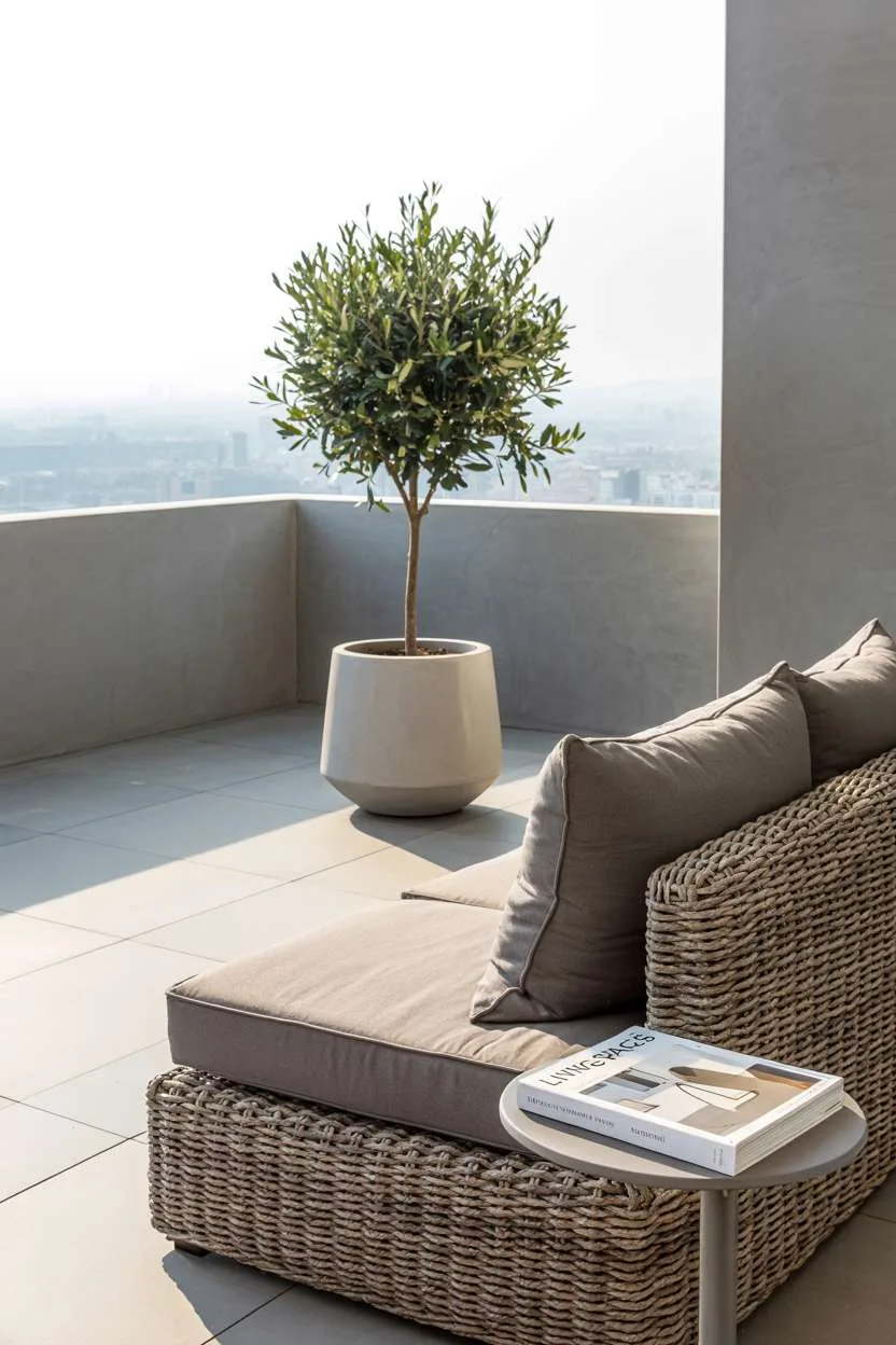 Minimalist modern balcony with single olive tree and woven rattan sofa