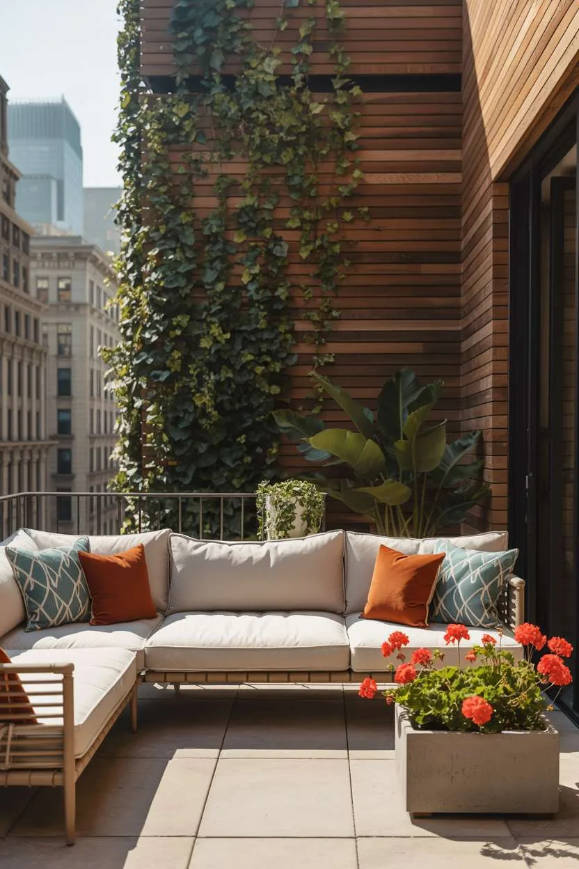 Modern balcony with cream sectional, climbing ivy wall, and red geraniums