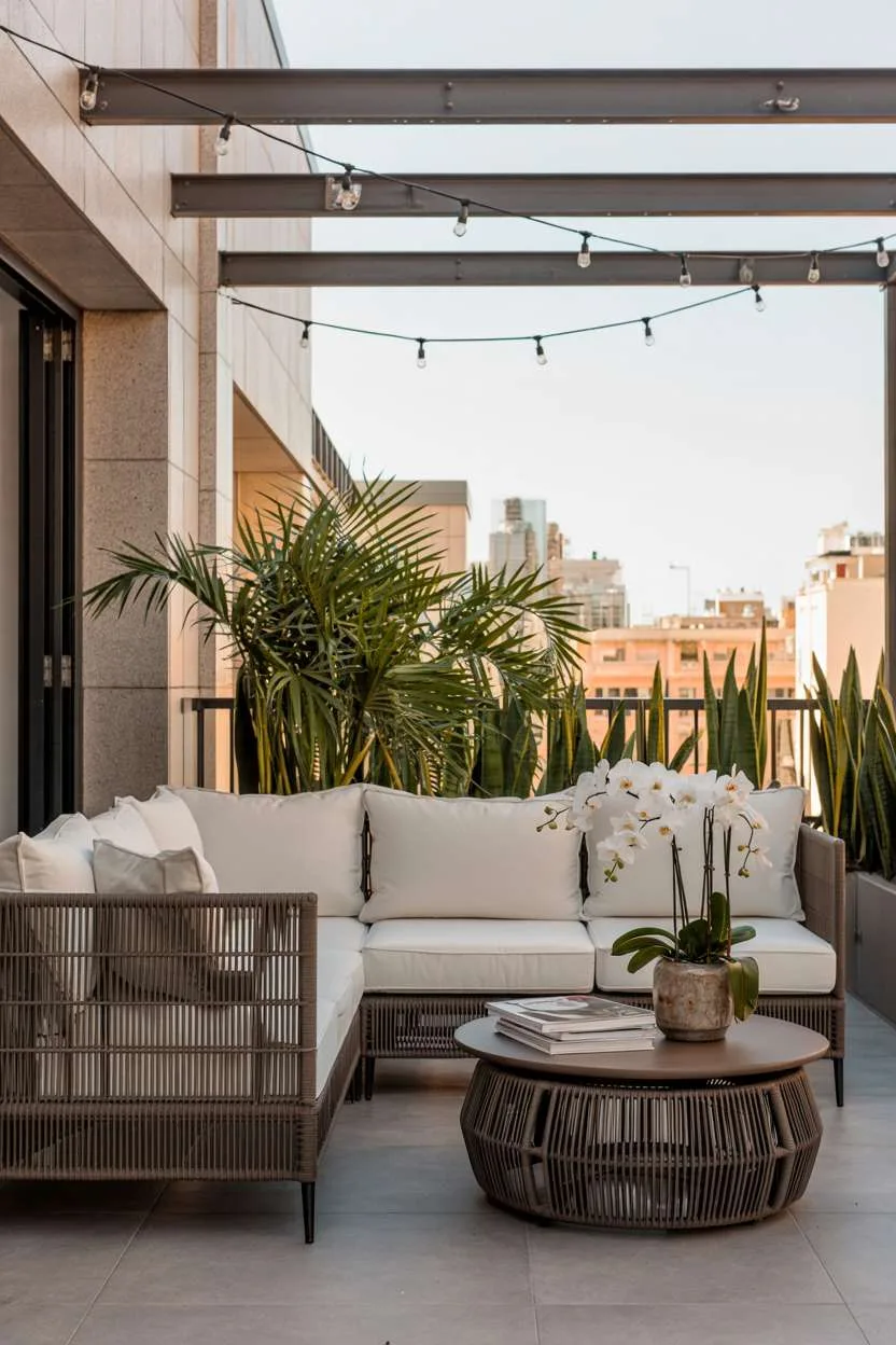 Modern balcony with charcoal sectional, black metal railing, and sunset views