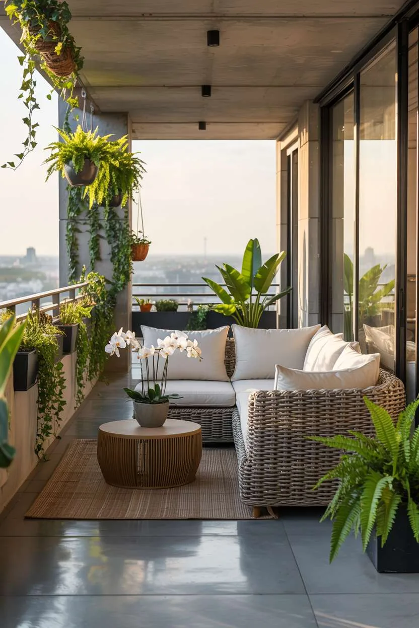 Modern balcony with rattan sectional and cascading ivy planters