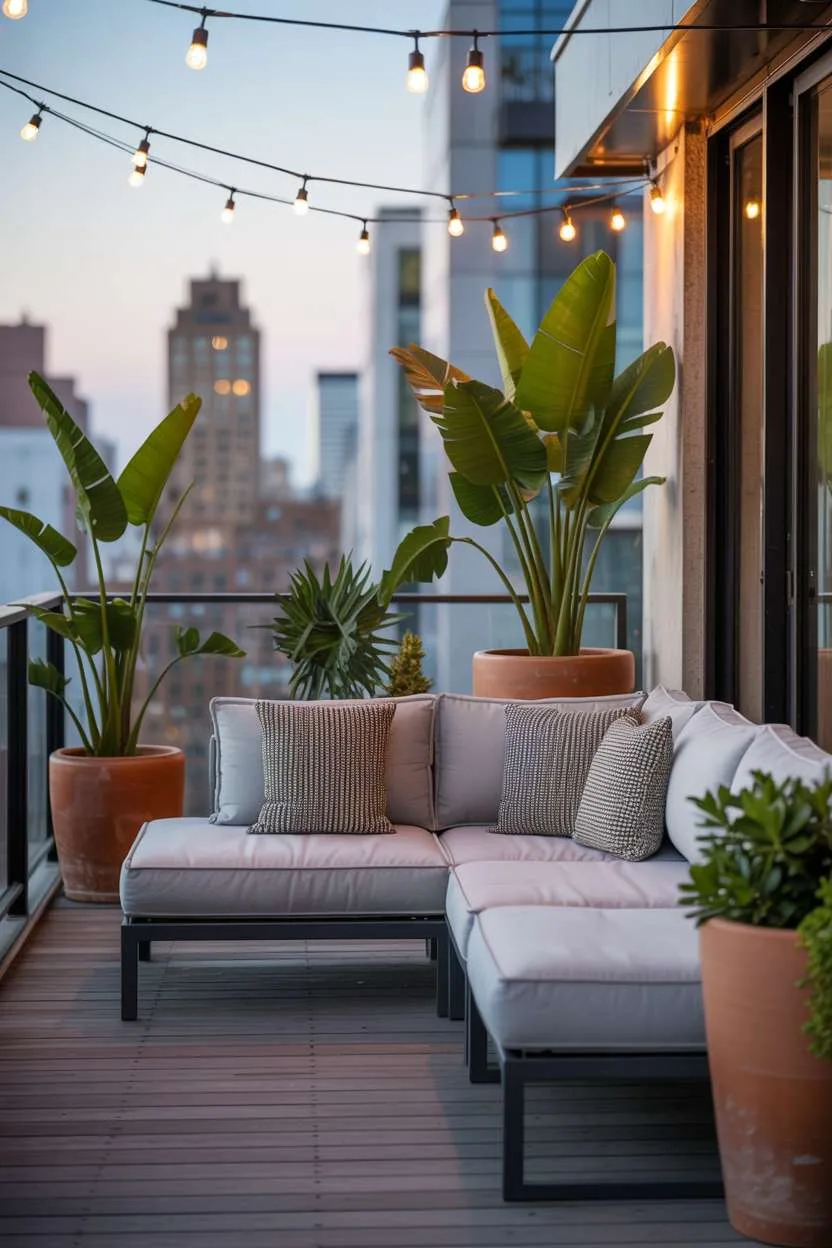 Modern balcony with grey sectional on dark wood deck and terracotta planters