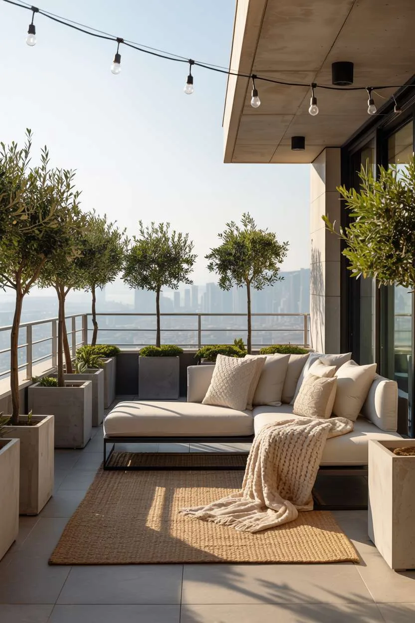 Modern balcony with grey sectional, olive trees, and large format tiles