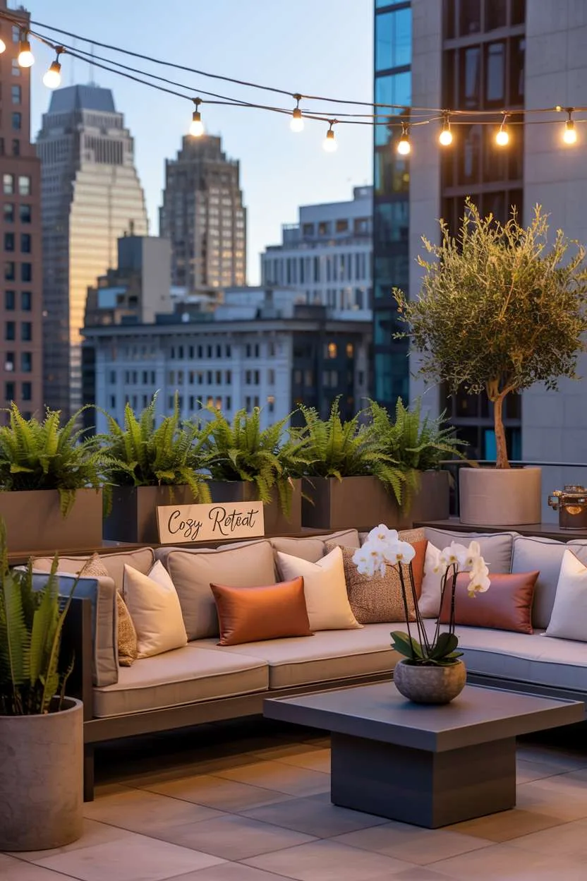 Modern balcony with grey sectional, varied throw pillows, and strategic plant placement