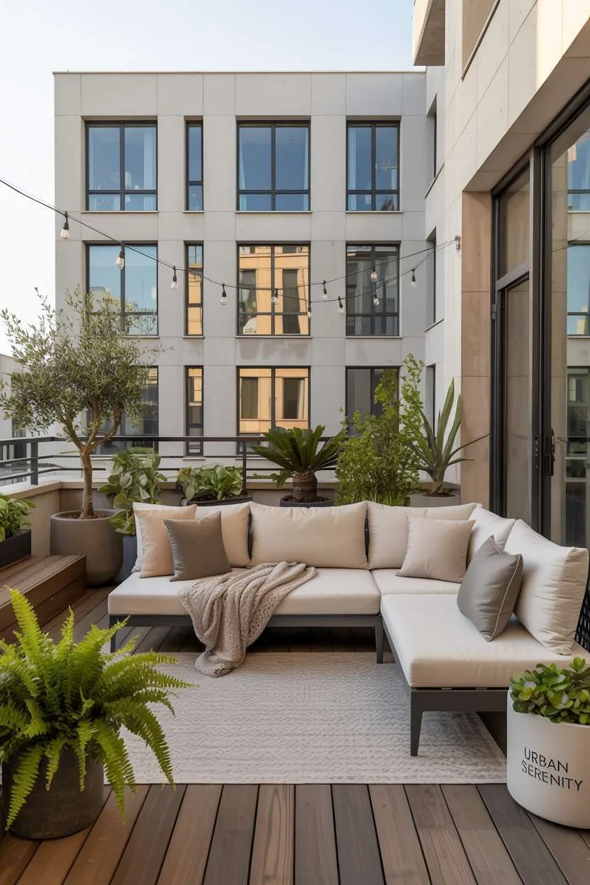 Modern balcony with cream sectional, grey cushions, and varied plant arrangements