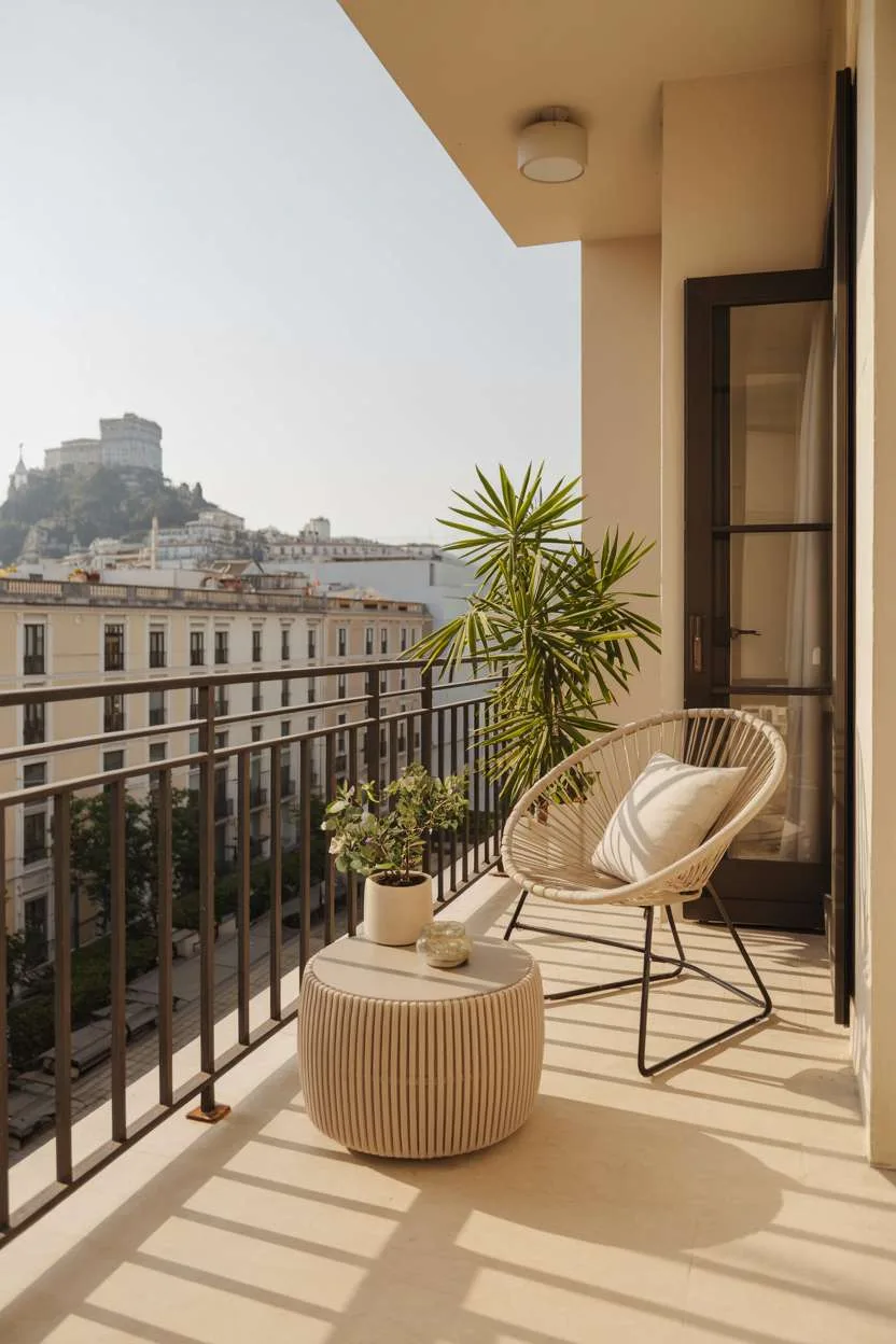 Modern balcony terrace with rope chair overlooking Mediterranean cityscape