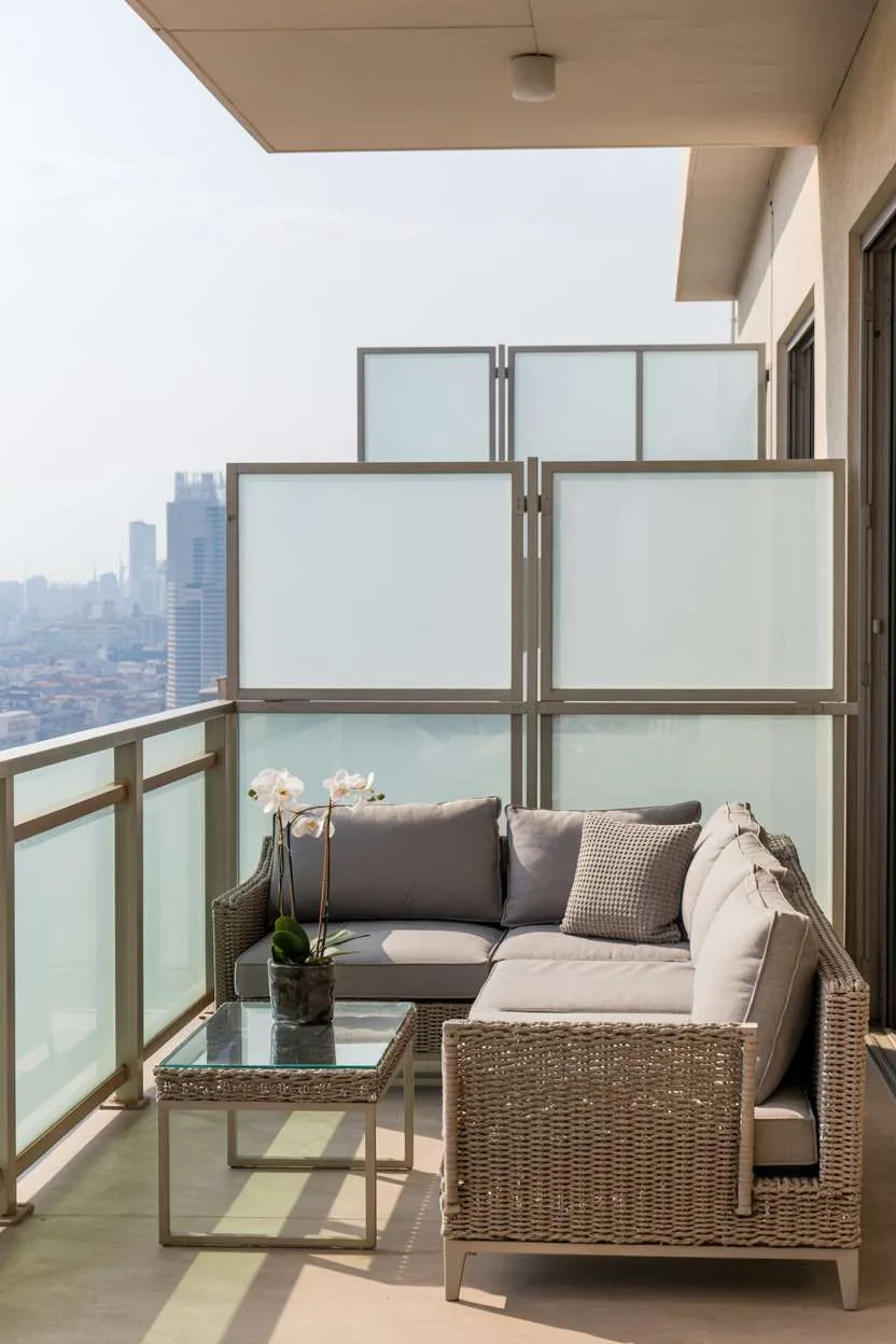 Modern balcony with geometric stainless steel railing and grey sectional