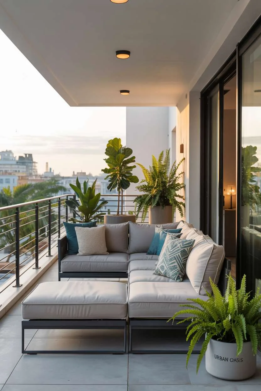 Modern balcony with black metal railing featuring integrated LED lighting