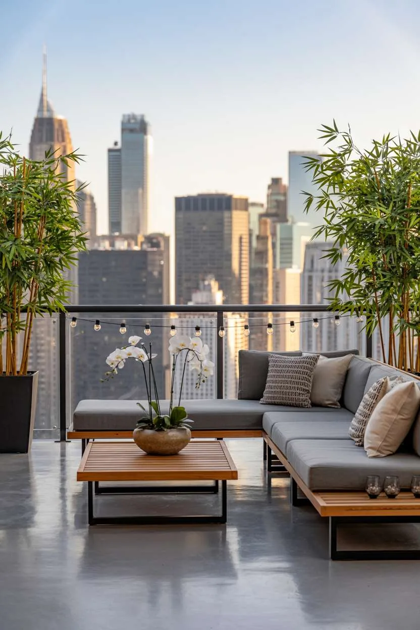 Modern balcony with black metal railing and panoramic cityscape views