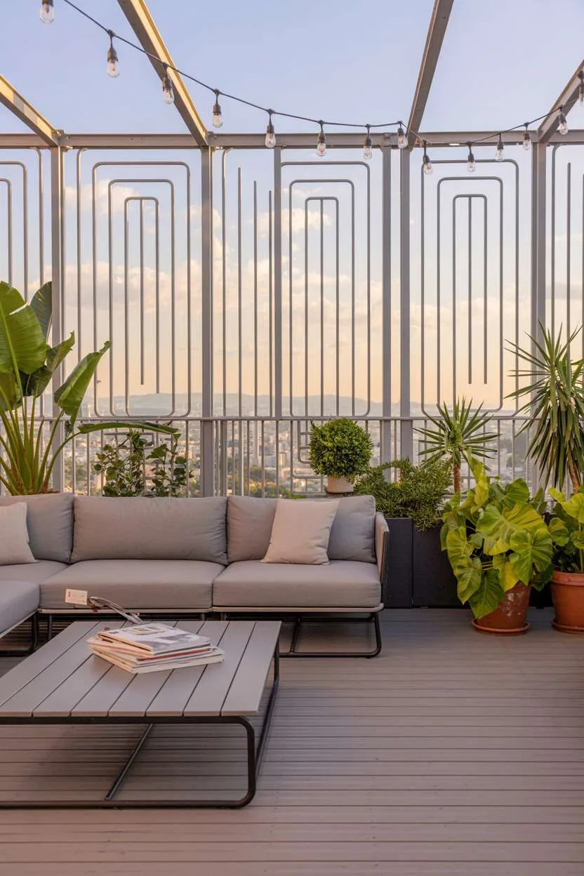 Modern balcony with geometric metal railing and composite decking