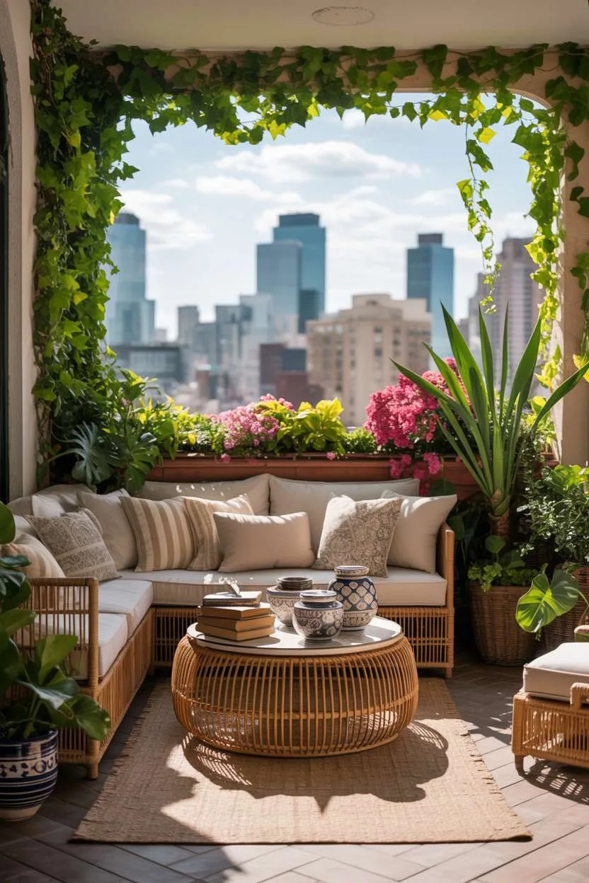 Rattan seating area with ceramic pots and vintage books surrounded by plants