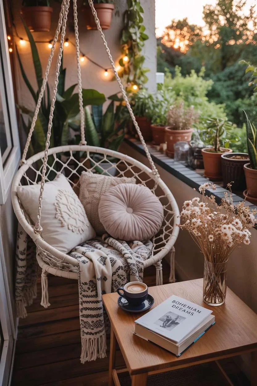 Hanging macrame chair with cushions beside wooden table with coffee and book