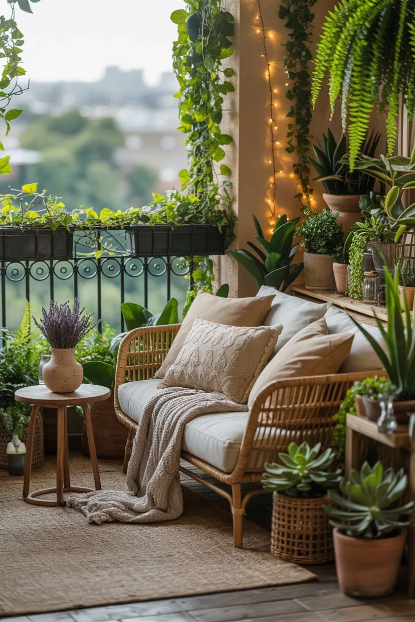 Woven rattan sofa with patterned pillows surrounded by trailing vines and fairy lights