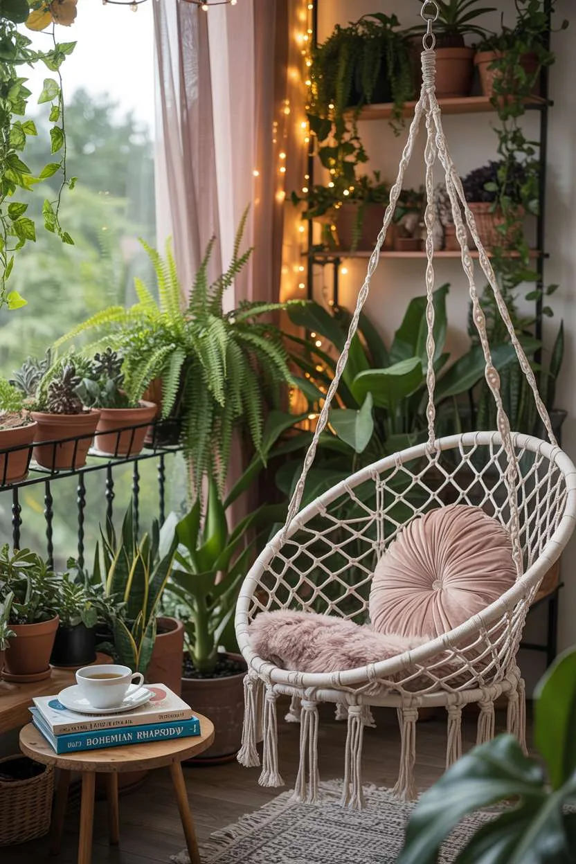 Macrame hanging chair with knitted cushion facing wooden table with tea and books