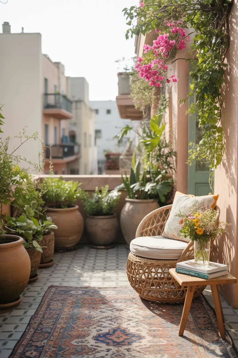 Persian rug with terracotta planters and rattan daybed surrounded by vines
