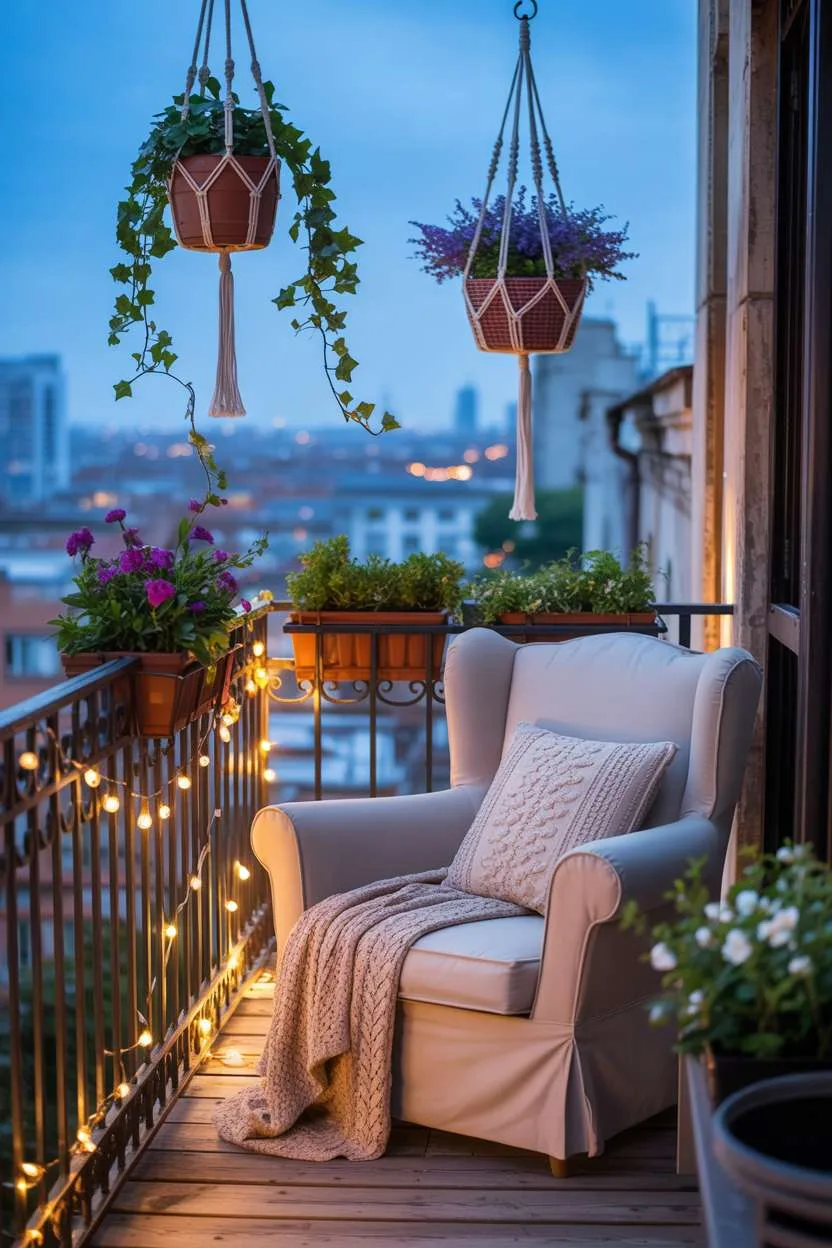 Oversized cream armchair with patterned pillows and macrame planters with purple flowers