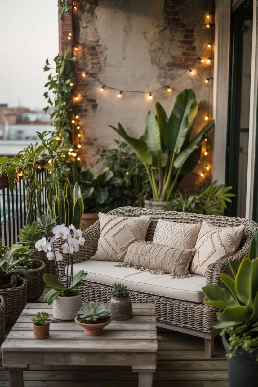 Woven rattan sofa with patterned pillows and succulents against brick wall