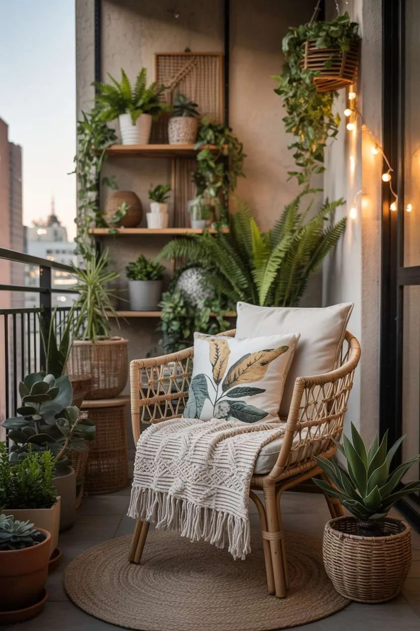 Rattan armchair with botanical print cushions surrounded by plants and fairy lights