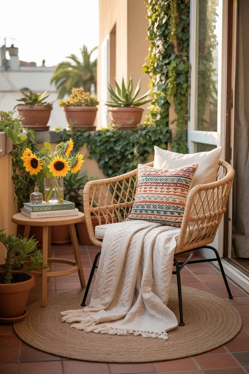 Rattan armchair with colorful pillows beside table with sunflowers and ivy
