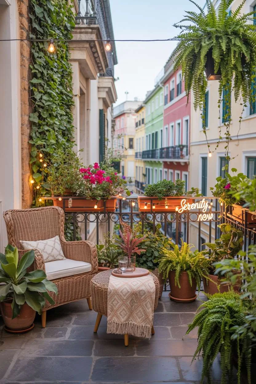 Wicker armchair and table with throw blanket among terracotta pots with ivy and bougainvillea