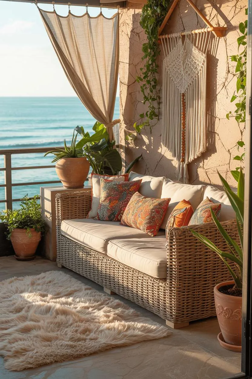Rattan sectional with colorful cushions and cream rug overlooking ocean