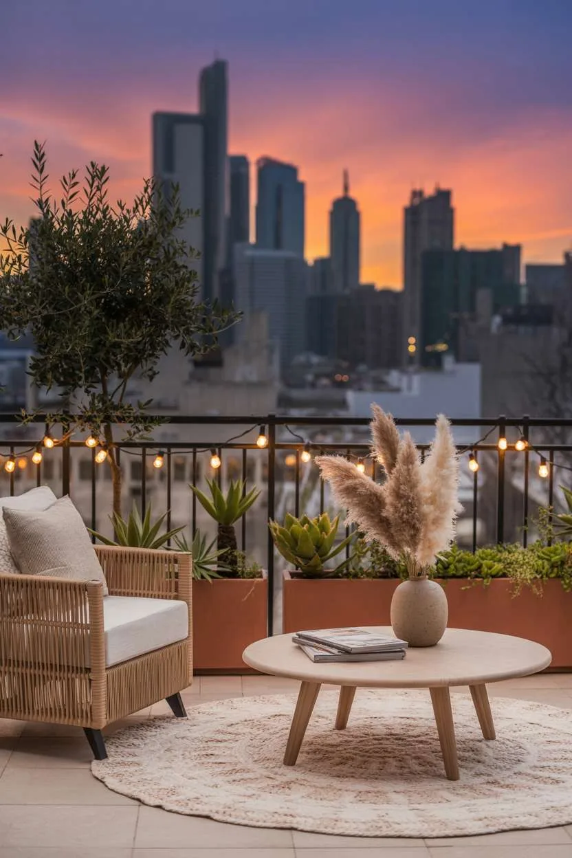 Cream woven rug anchoring rattan armchair and wooden table with pampas grass overlooking city skyline