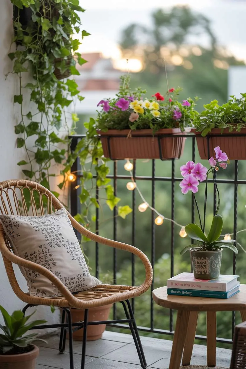 Small rattan chair with patterned cushion beside wooden table with orchid and books