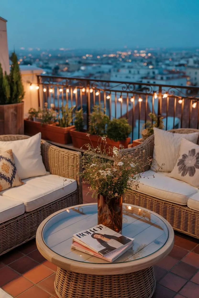Wicker furniture with cream cushions around wooden table with wildflowers and fairy lights