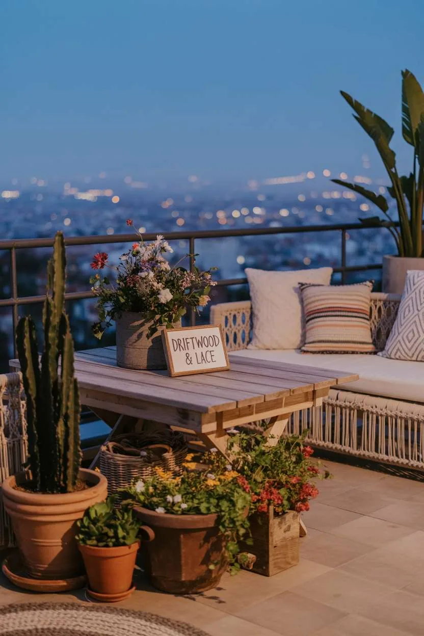 Weathered wooden table surrounded by terracotta pots with ivy and wildflowers, macrame hangings casting shadows