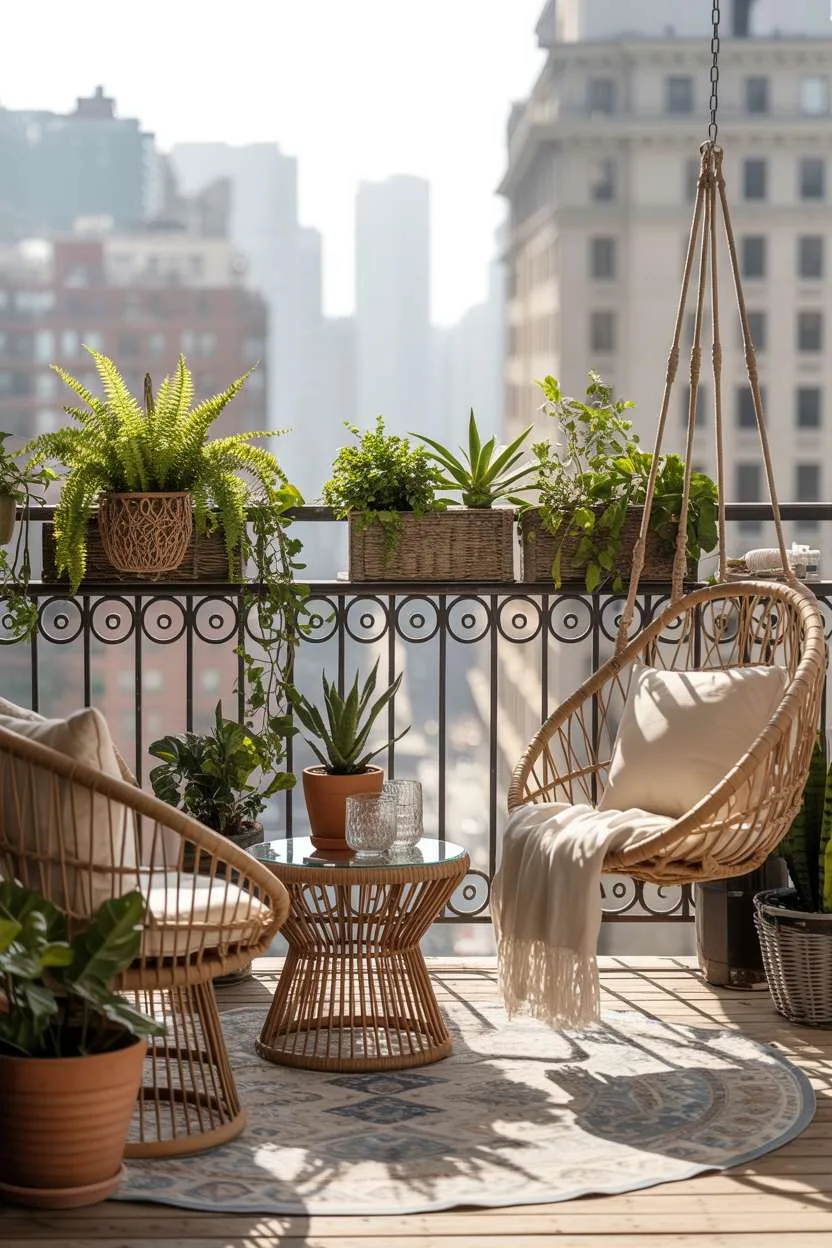 Wicker hanging chair and round table with patterned rug surrounded by macrame planters and trailing vines