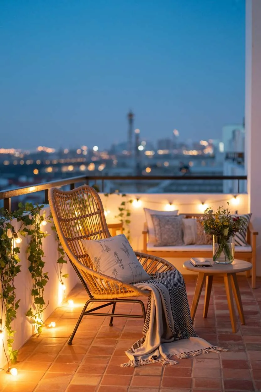 Rattan lounge chair with woven throw and patterned pillows beside wooden table with wildflowers overlooking city lights