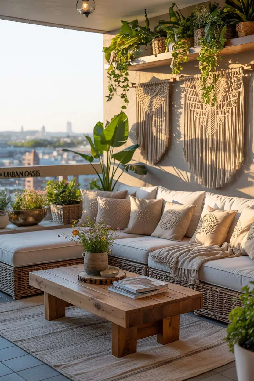 White sectional sofa with patterned pillows and macrame wall hangings surrounded by potted plants and rustic coffee table
