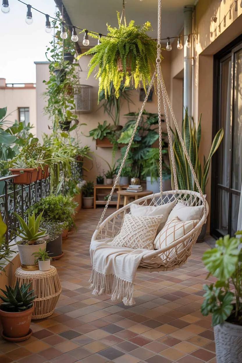 Cream woven hanging chair with patterned pillows on terracotta tile floor surrounded by plants and fairy lights