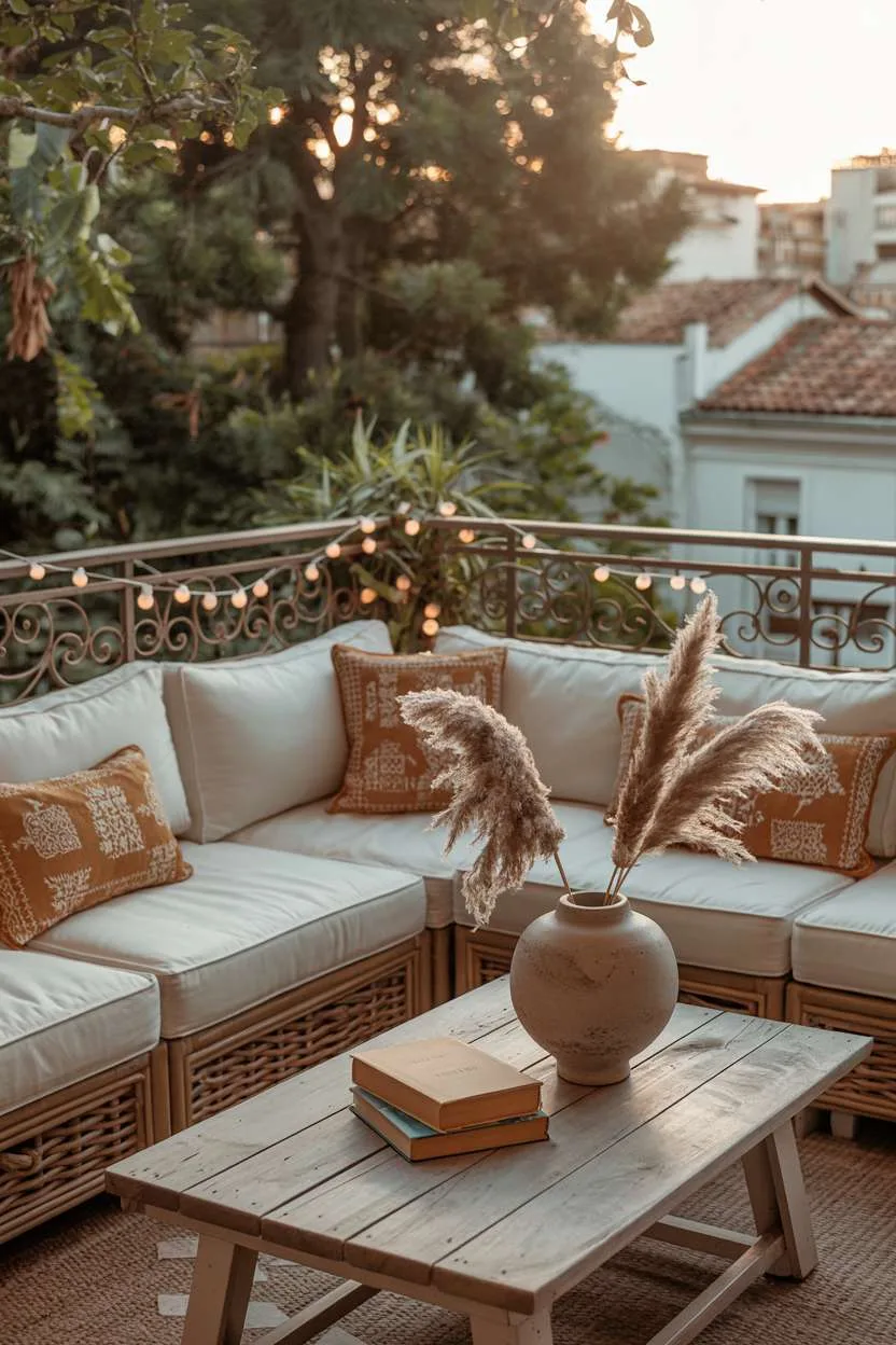 Rattan sectional sofa with cream and terracotta cushions around weathered wooden coffee table with dried pampas grass