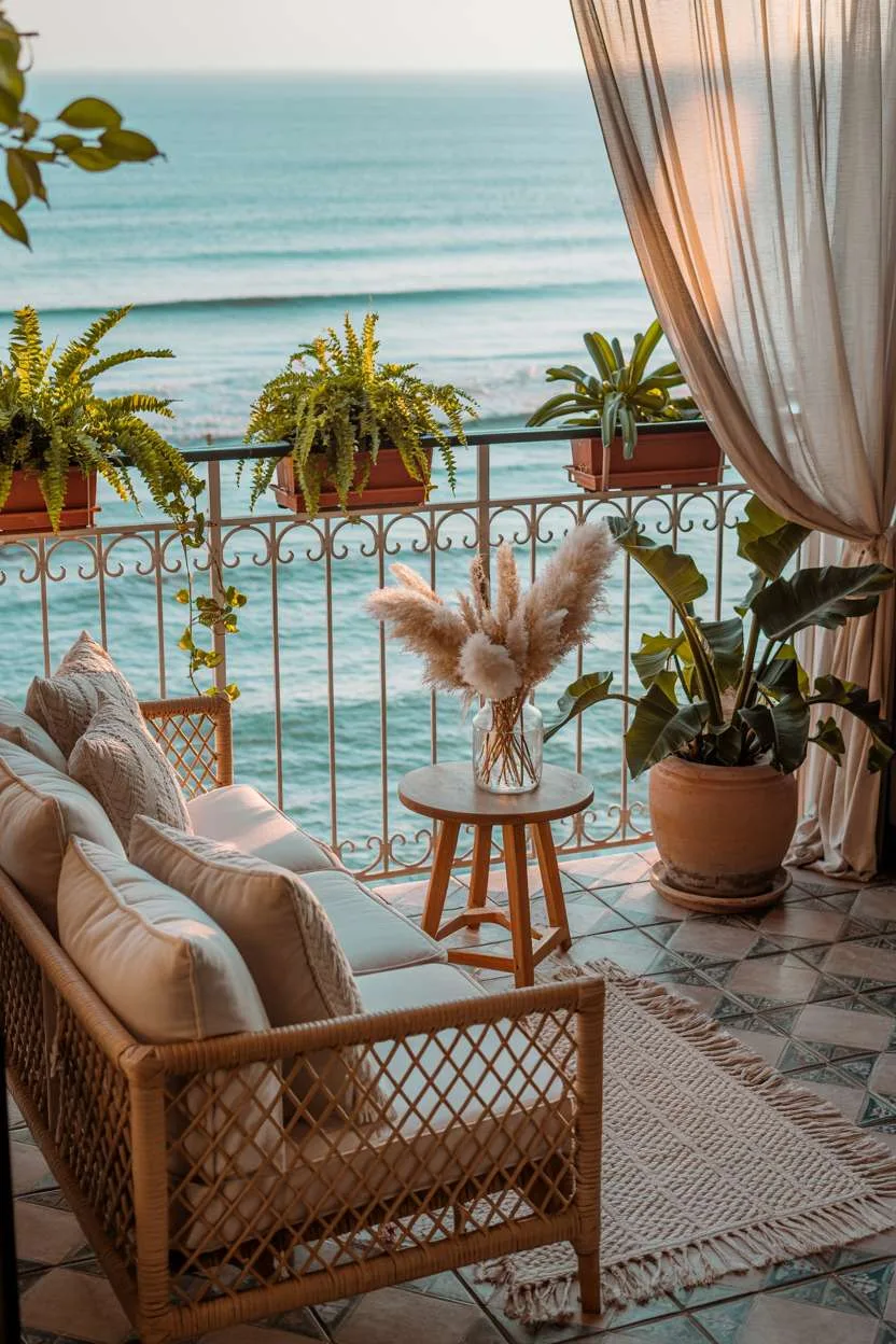 Woven rattan sofa with cream cushions and macrame throw overlooking turquoise ocean with potted plants and patterned tiles