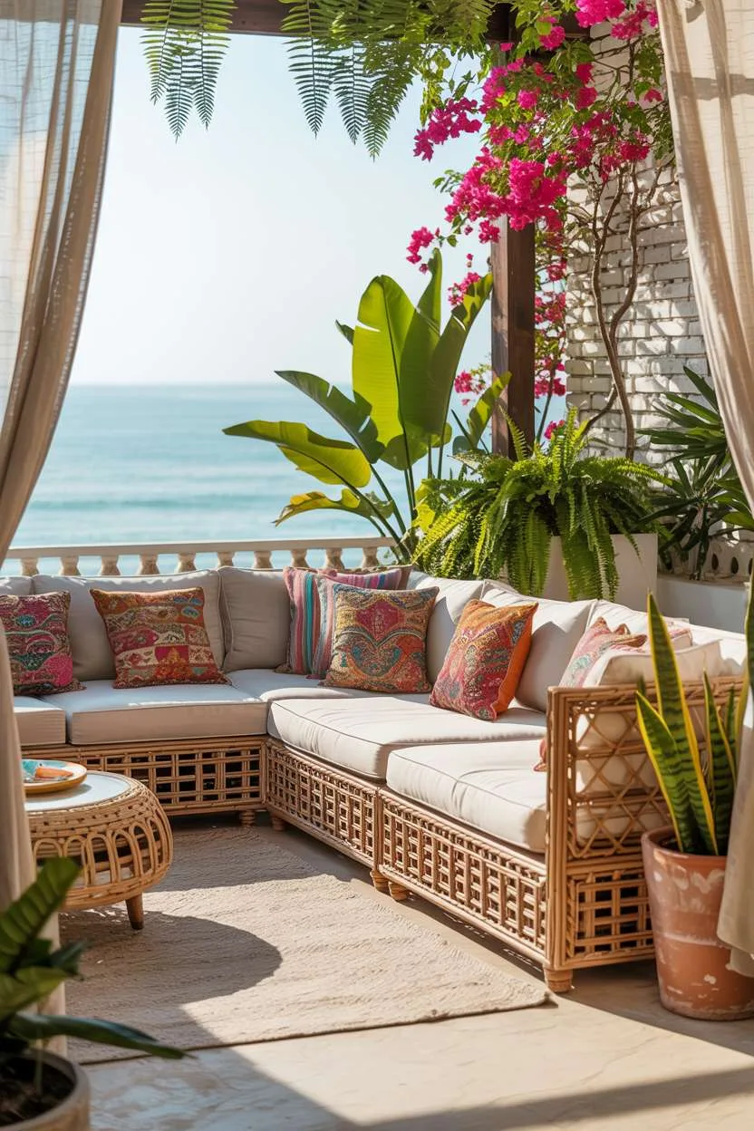 Large woven rattan sectional with colorful patterned pillows and cream rug overlooking turquoise ocean with lush plants