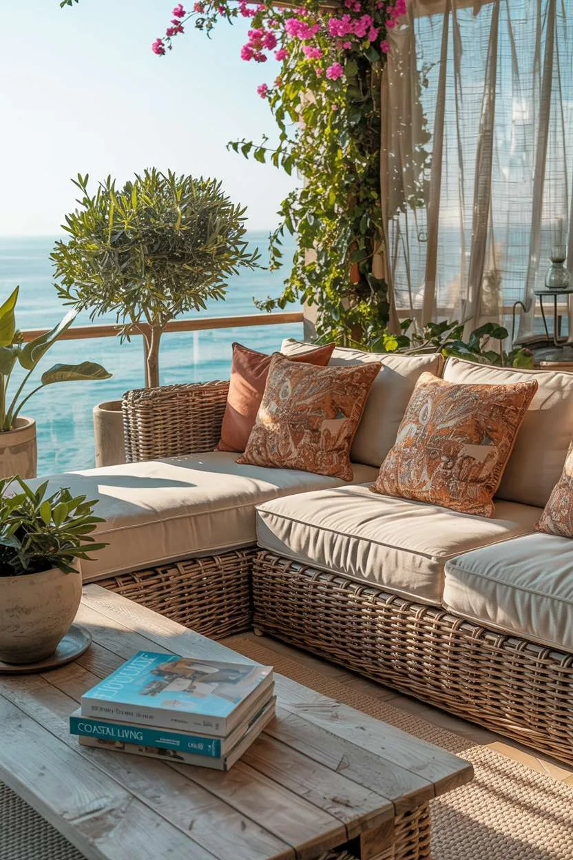 Large rattan sectional with patterned cushions around distressed wooden coffee table with olive trees and bougainvillea