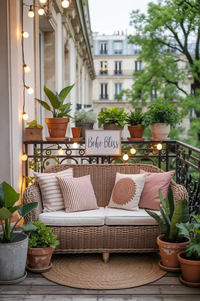 Woven rattan sofa with patterned cushions surrounded by potted plants in ceramic containers with fairy lights and Parisian building backdrop