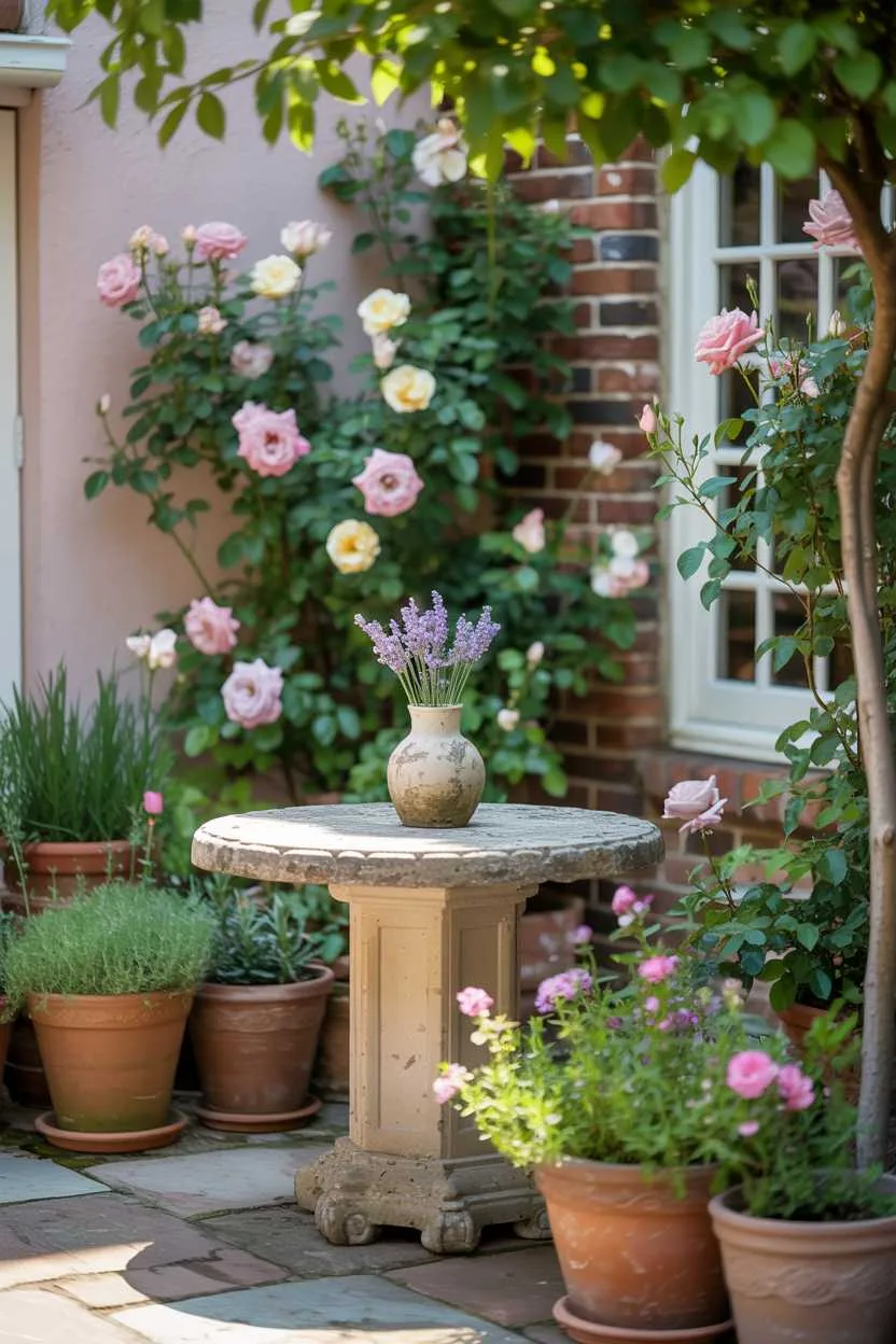 Small patio featuring stone table with lavender vase, pink climbing roses on brick wall, and herb-filled terracotta pots