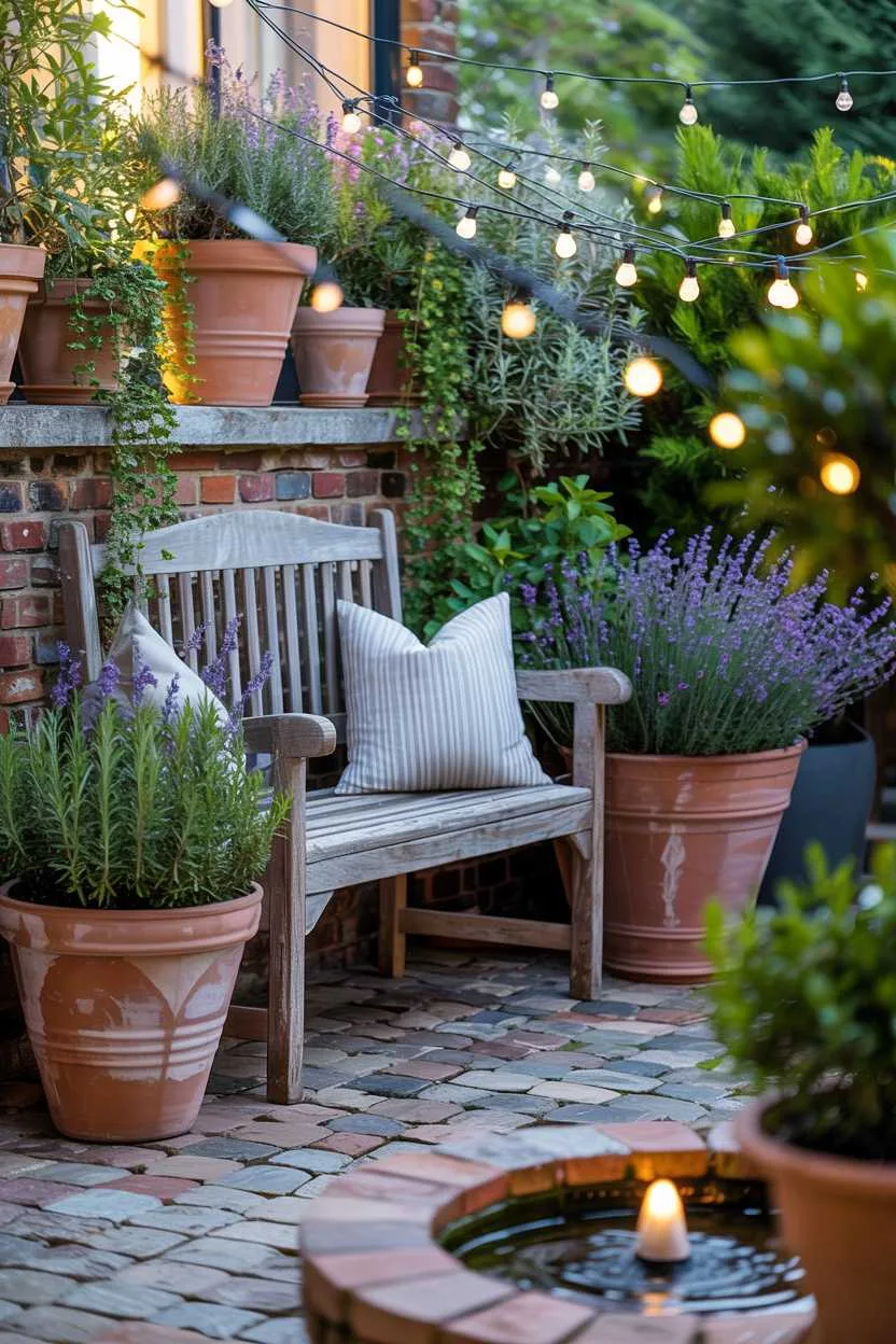 Evening patio scene with wooden bench, lavender and rosemary pots, fairy lights, and small water fountain