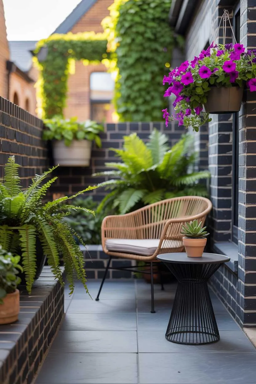 Contemporary patio garden with dark stone pathway, rattan chair, hanging ferns, and purple petunias in planters