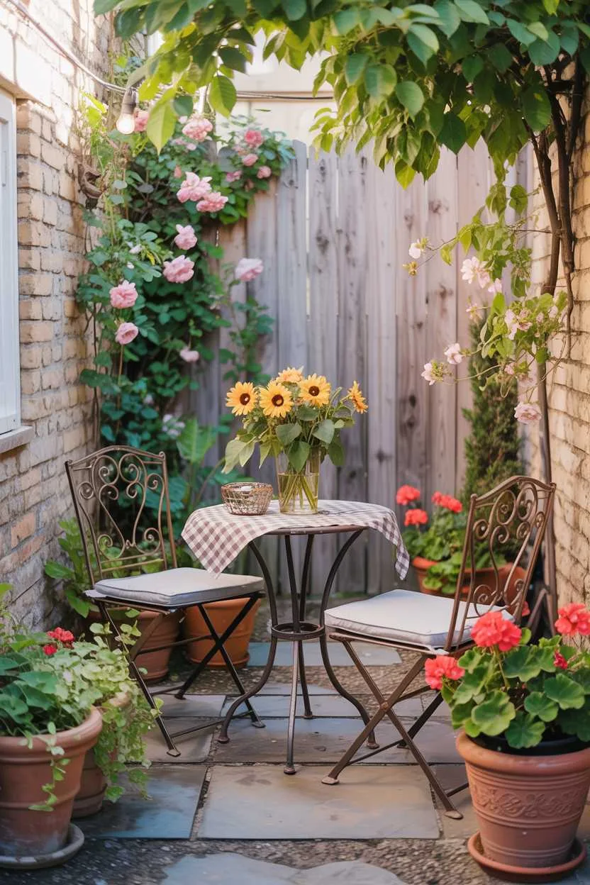 Wrought-iron bistro set with checkered tablecloth, sunflower centerpiece, and trailing ivy in terracotta pots